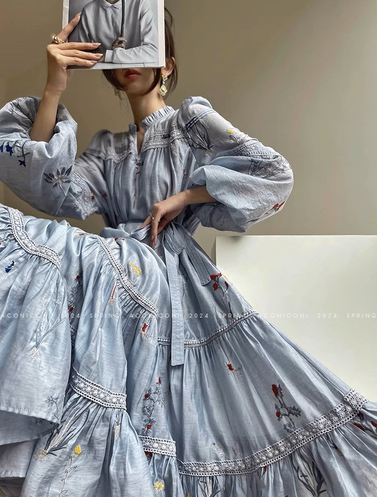 Aconiconi|Blue Hibiscus Embroidery Linen Dress