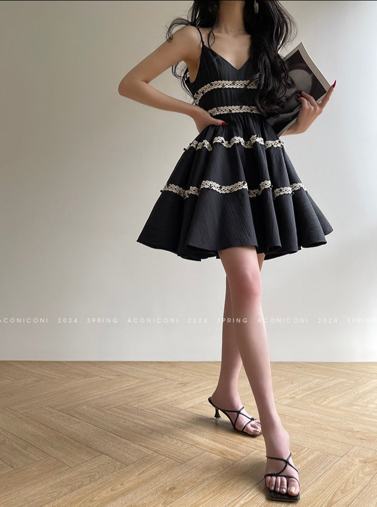 Aconiconi｜Rainy Night in Paris Black Short Dress