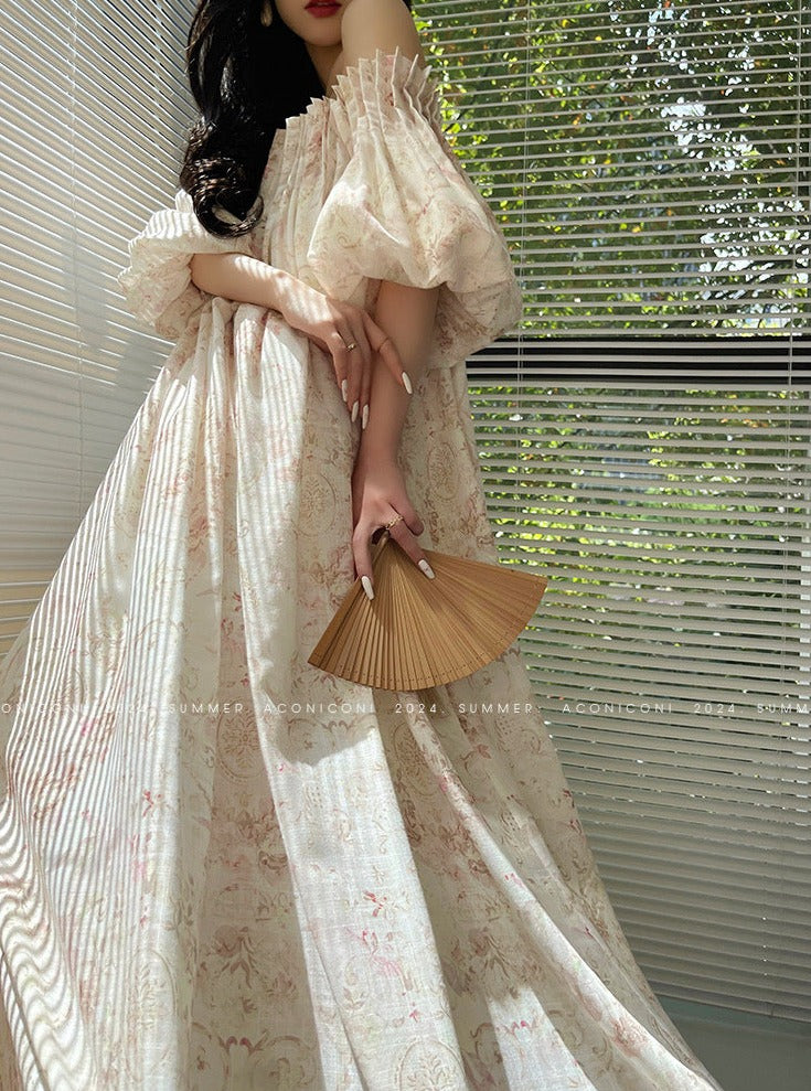 Aconiconi｜ French Retro Print Off-Shoulder Long Dress