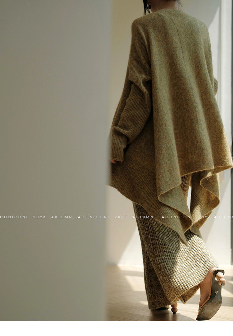 Aconiconi｜Late autumn evening wool knitted suspender dress & cardigan