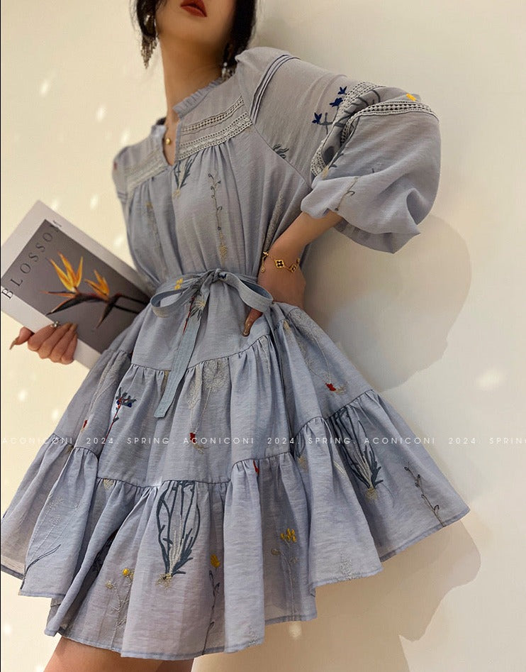 Aconiconi｜Blue Hibiscus  Embroidery Linen Dress