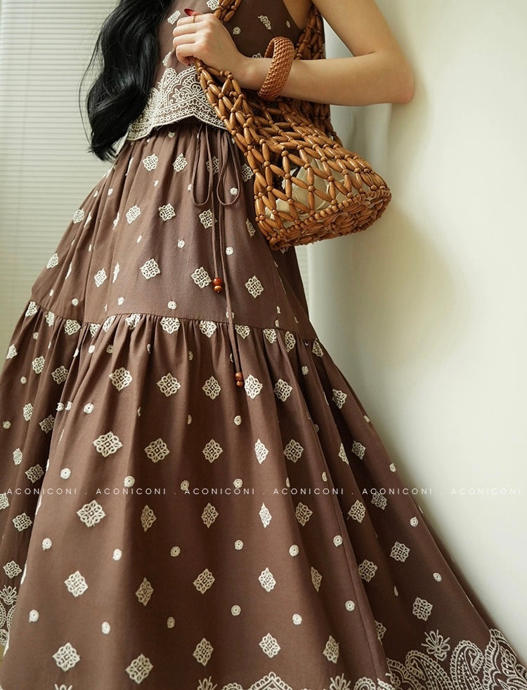 Aconiconi | Mocha Retro Embroidery Skirt Set
