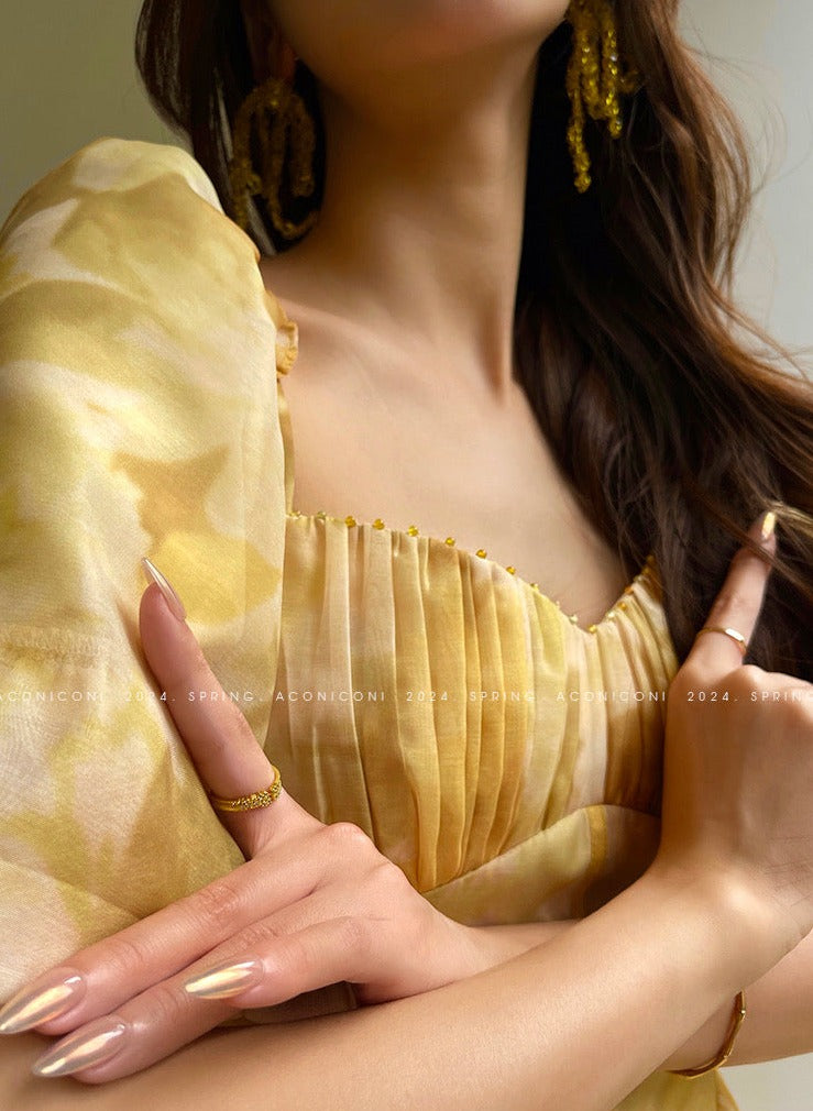 Aconiconi｜Midsummer Citron Puff Sleeve Elegant Dress