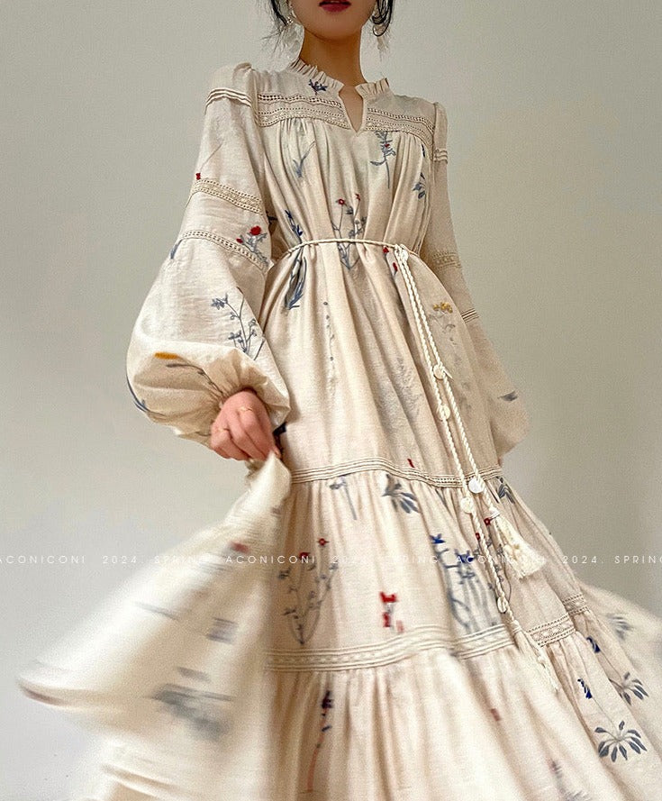 Aconiconi｜Blue Hibiscus  Embroidery Linen Dress