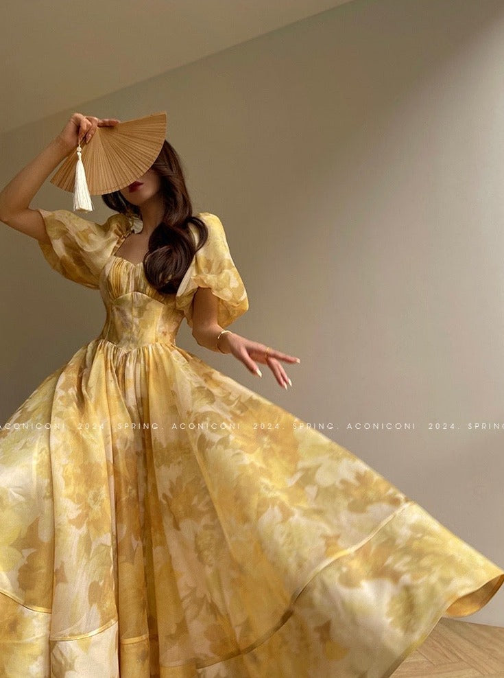 Aconiconi｜Midsummer Citron Puff Sleeve Elegant Dress