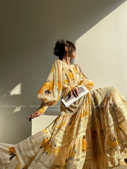 Aconiconi｜Lemon Blossom Printed Lace Skirt Suit