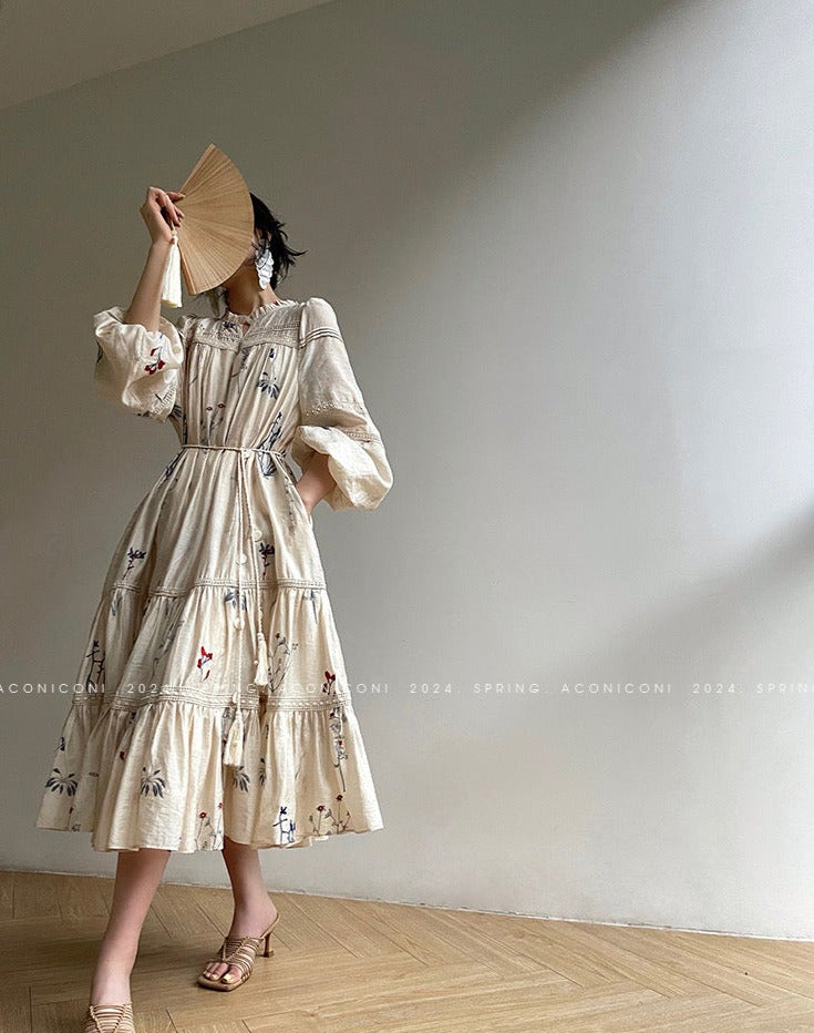 Aconiconi｜Blue Hibiscus  Embroidery Linen Dress