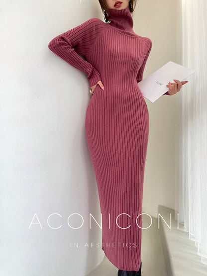 Aconiconi｜ Turtleneck and V-neck Knitted Long Slim Fit Dress