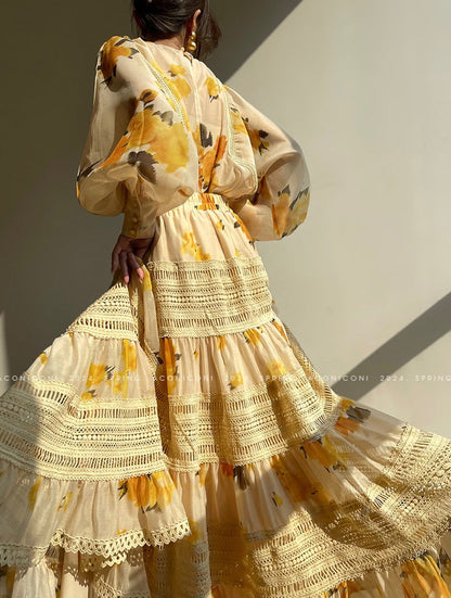 Aconiconi｜Lemon Blossom Printed Lace Skirt Suit