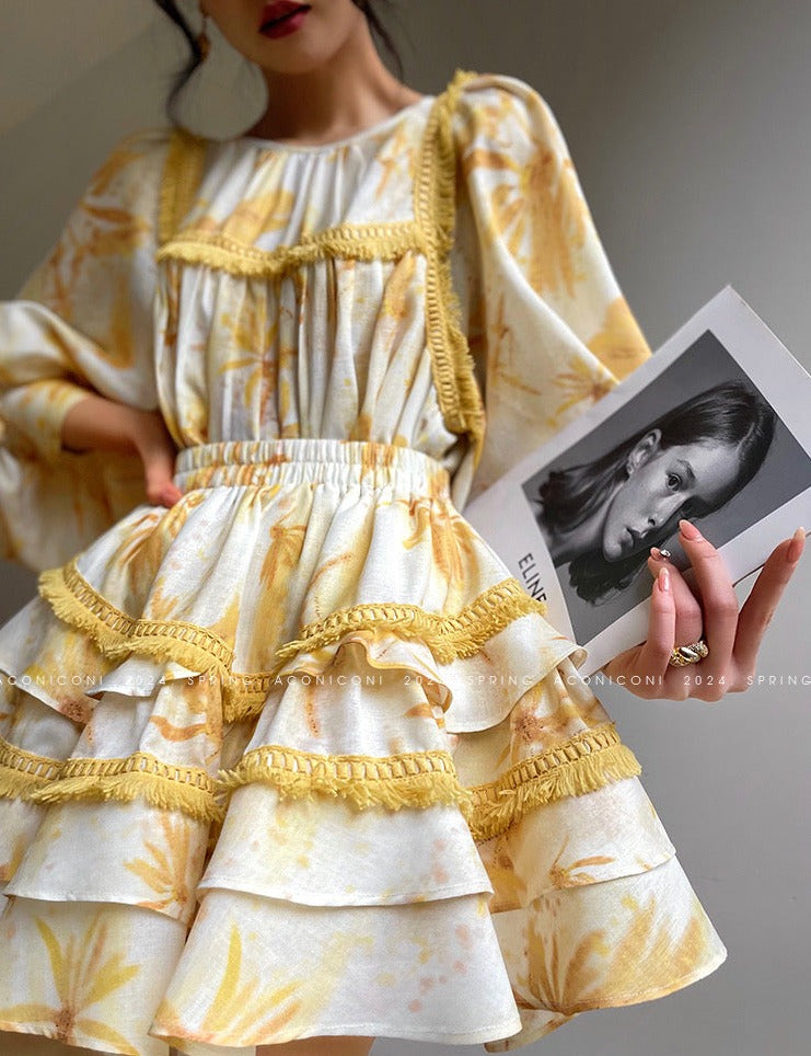 Aconiconi｜Mustard Flower ruffled skirt suit