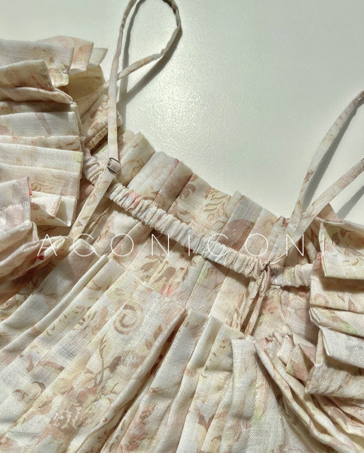 Aconiconi｜ French Retro Print Off-Shoulder Long Dress