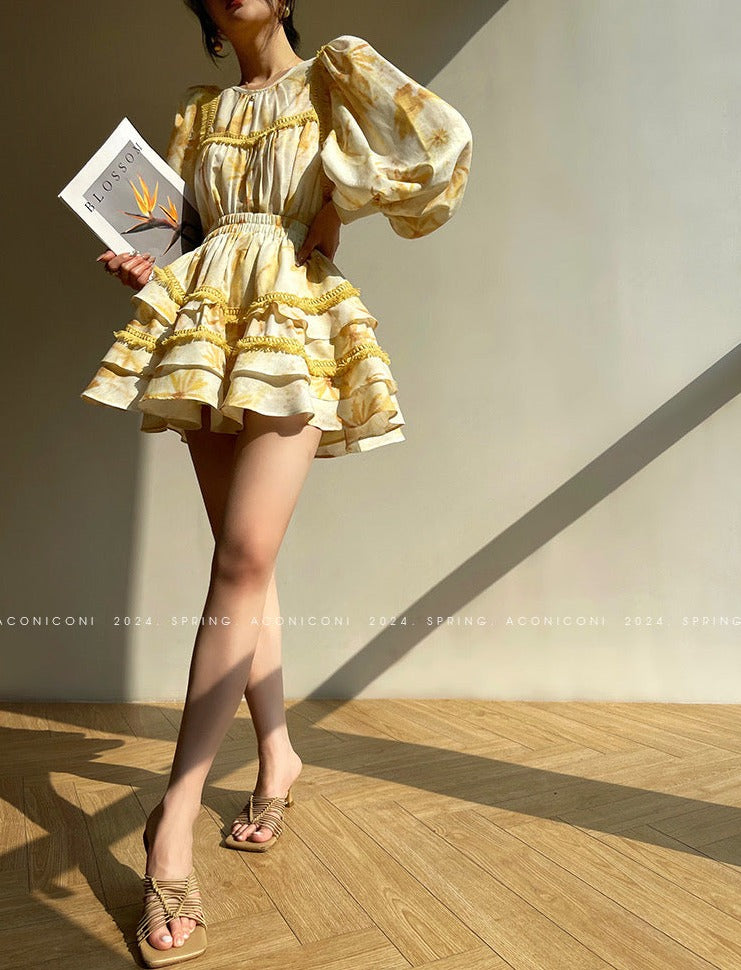 Aconiconi｜Mustard Flower ruffled skirt suit