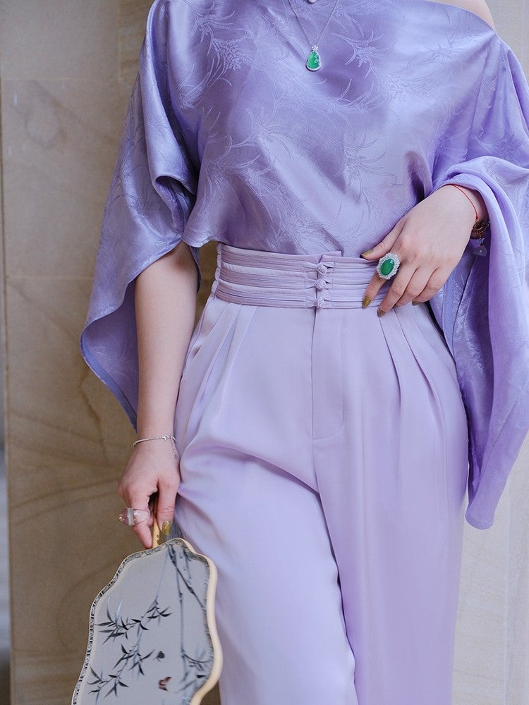 ReVe | Rose Purple Phoenix Satin Pleated Waist Wide Leg Pants