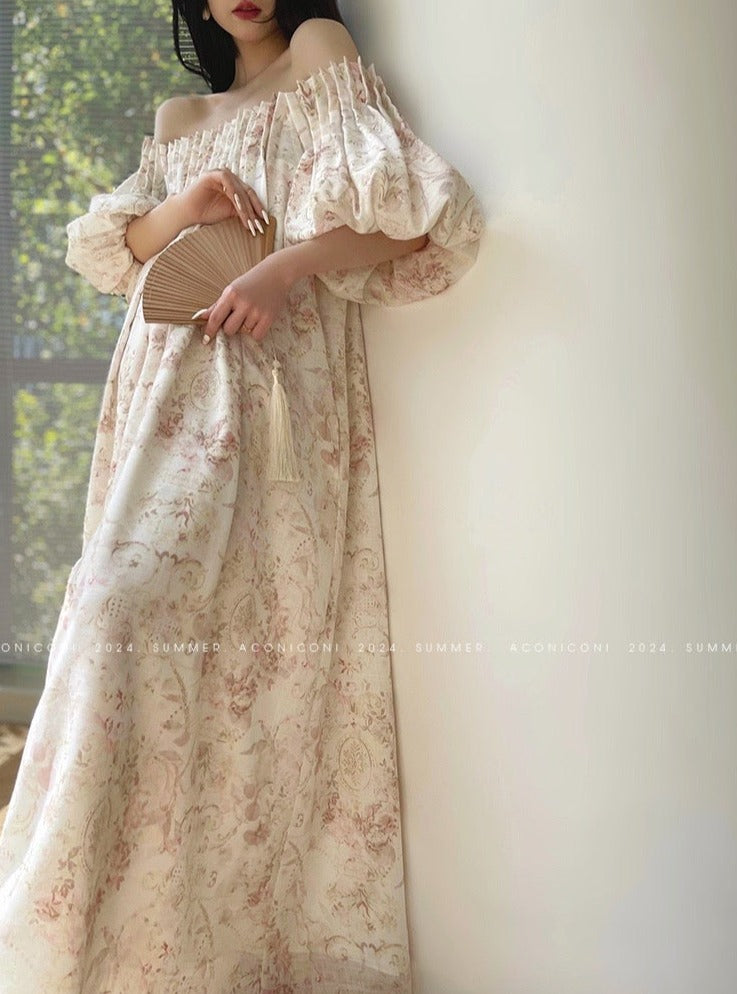 Aconiconi｜ French Retro Print Off-Shoulder Long Dress