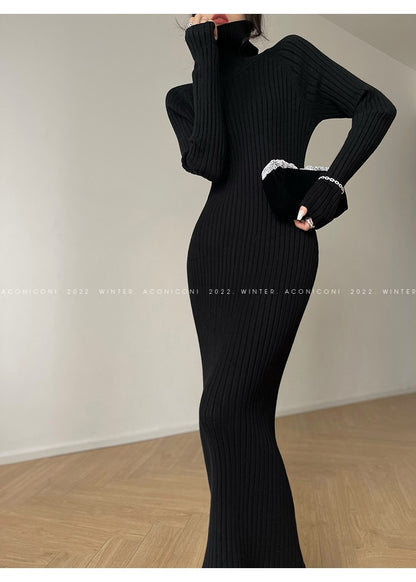 Aconiconi｜ Turtleneck and V-neck Knitted Long Slim Fit Dress