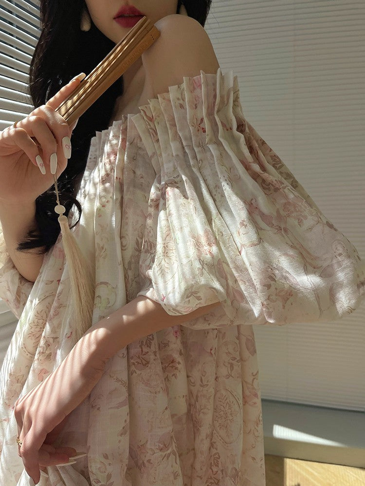 Aconiconi｜ French Retro Print Off-Shoulder Long Dress