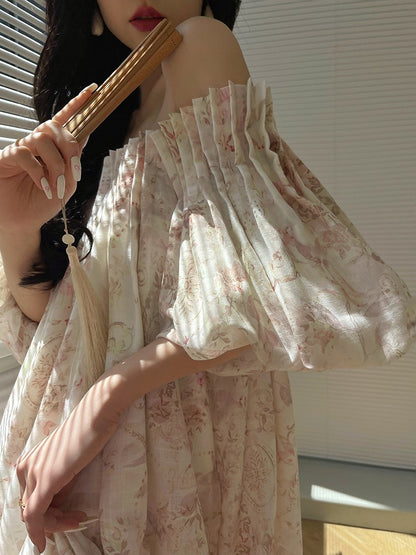 Aconiconi｜ French Retro Print Off-Shoulder Long Dress