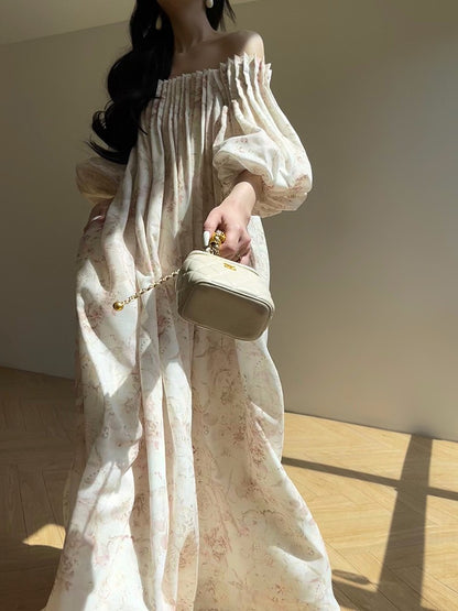 Aconiconi｜ French Retro Print Off-Shoulder Long Dress
