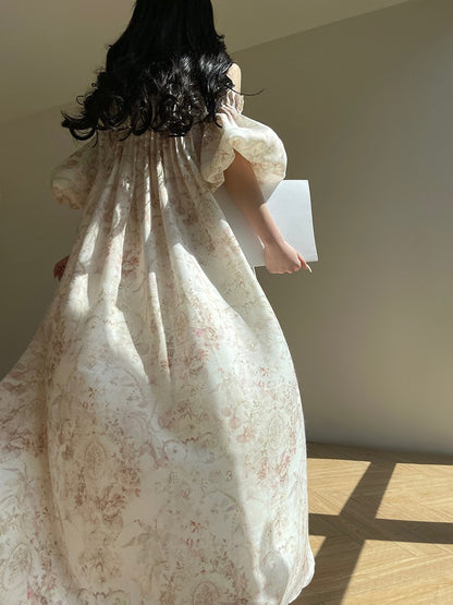 Aconiconi｜ French Retro Print Off-Shoulder Long Dress