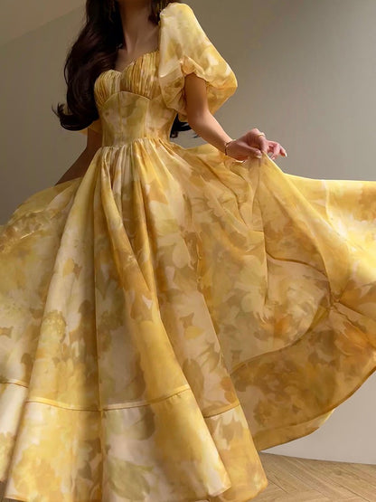 Aconiconi｜Midsummer Citron Puff Sleeve Elegant Dress