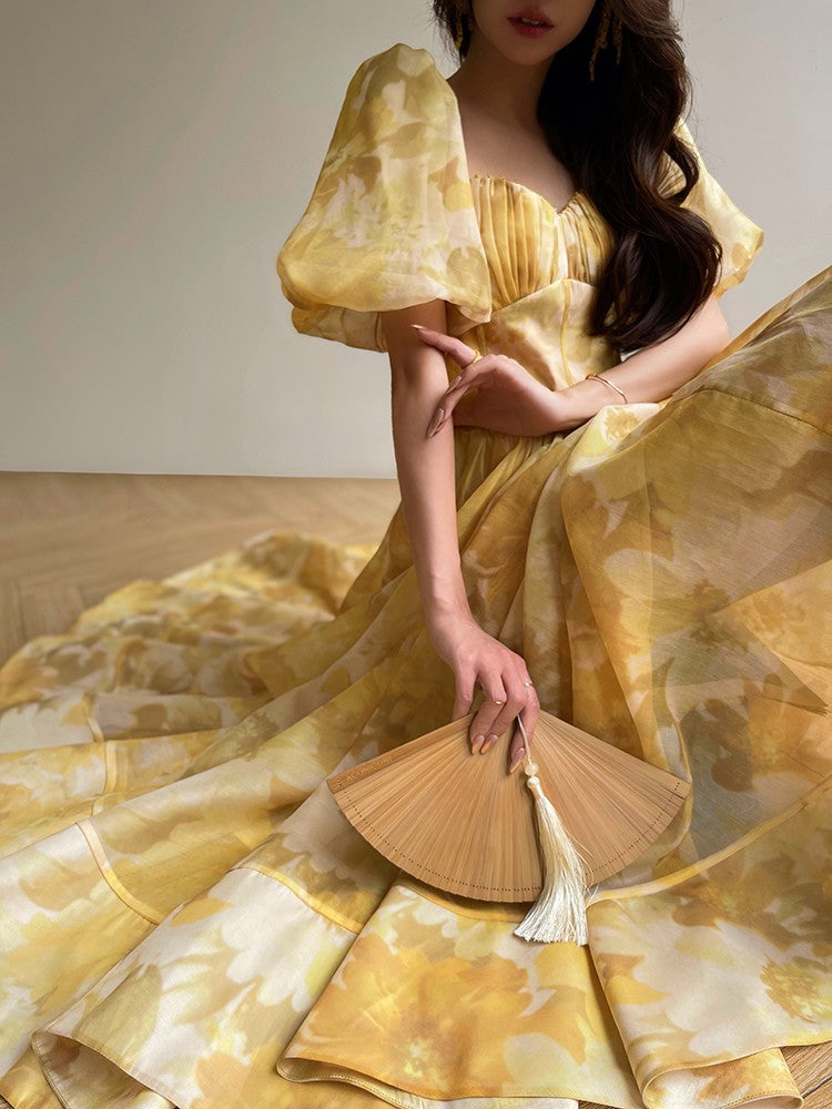 Aconiconi｜Midsummer Citron Puff Sleeve Elegant Dress