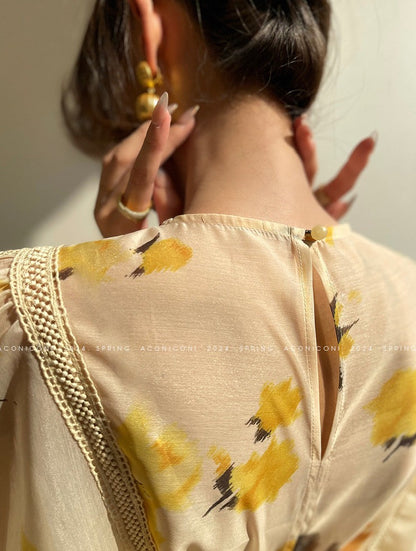 Aconiconi｜Lemon Blossom Printed Lace Skirt Suit