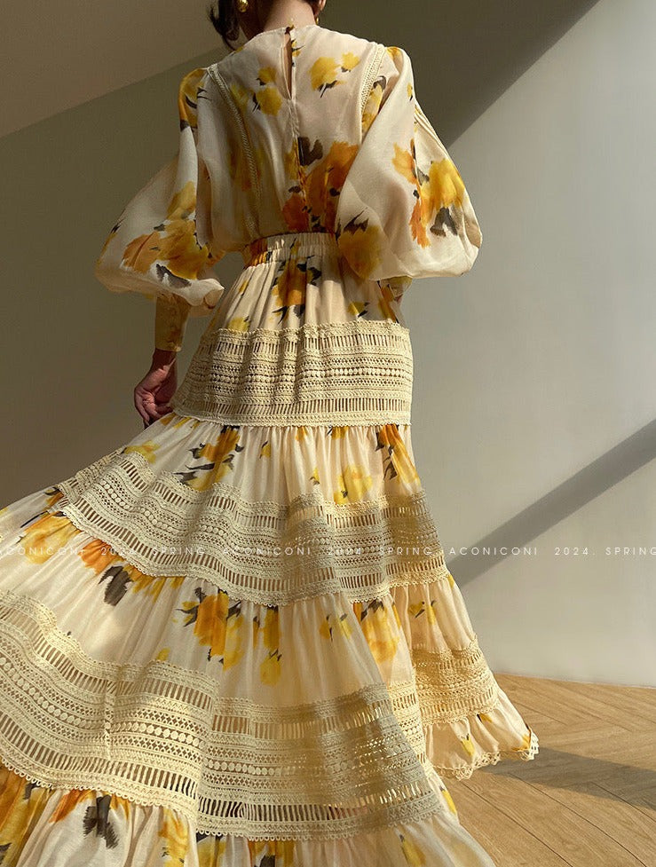 Aconiconi｜Lemon Blossom Printed Lace Skirt Suit