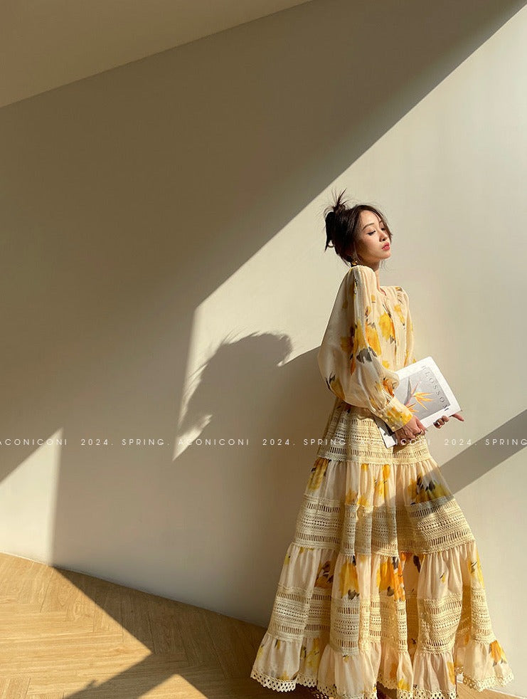 Aconiconi｜Lemon Blossom Printed Lace Skirt Suit