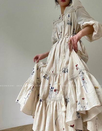 Aconiconi｜Blue Hibiscus  Embroidery Linen Dress