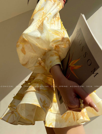 Aconiconi｜Mustard Flower ruffled skirt suit