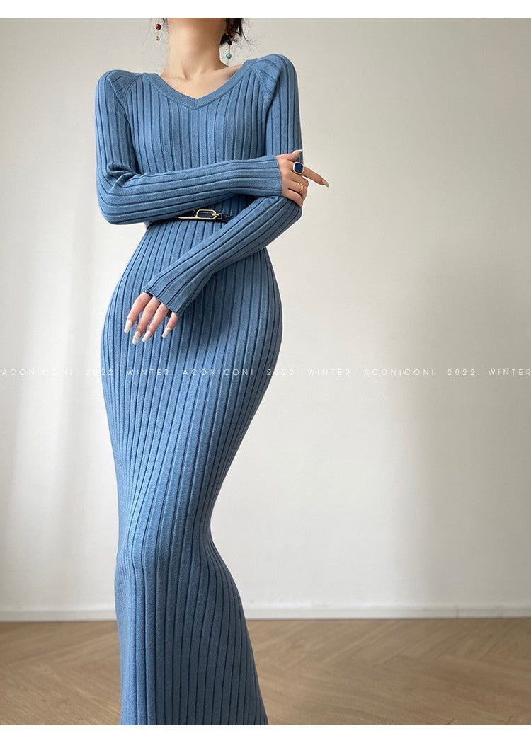 Aconiconi｜ Turtleneck and V-neck Knitted Long Slim Fit Dress