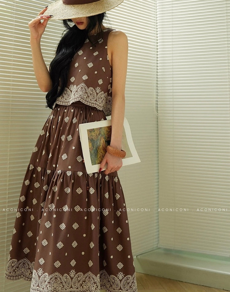 Aconiconi | Mocha Retro Embroidery Skirt Set