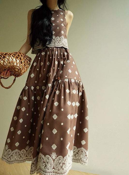 Aconiconi | Mocha Retro Embroidery Skirt Set