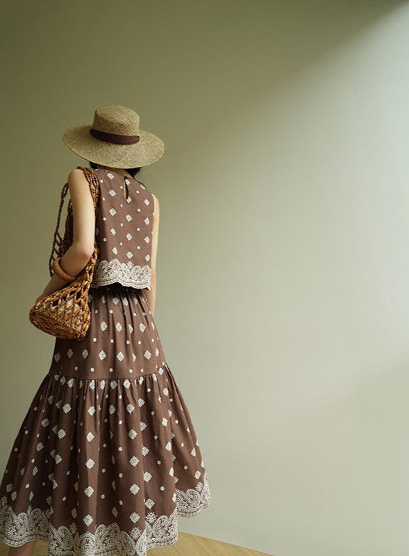 Aconiconi | Mocha Retro Embroidery Skirt Set