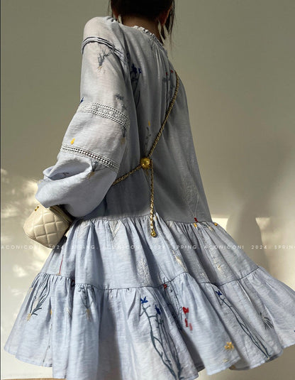 Aconiconi｜Blue Hibiscus  Embroidery Linen Dress