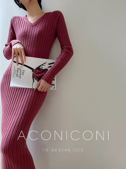 Aconiconi｜ Turtleneck and V-neck Knitted Long Slim Fit Dress