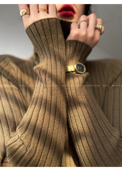 Aconiconi｜ Turtleneck and V-neck Knitted Long Slim Fit Dress