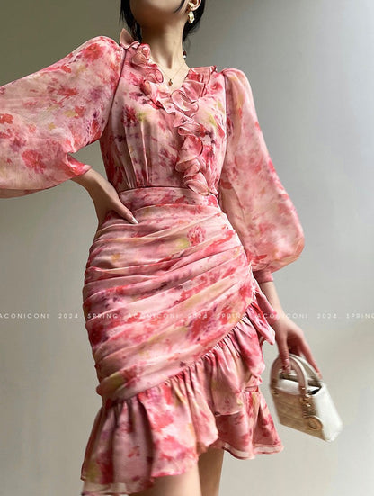 Aconiconi | Vivid Floral V-neck Ruffle Dress