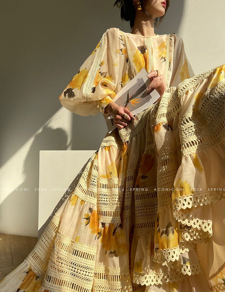 Aconiconi｜Lemon Blossom Printed Lace Skirt Suit