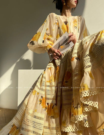 Aconiconi｜Lemon Blossom Printed Lace Skirt Suit