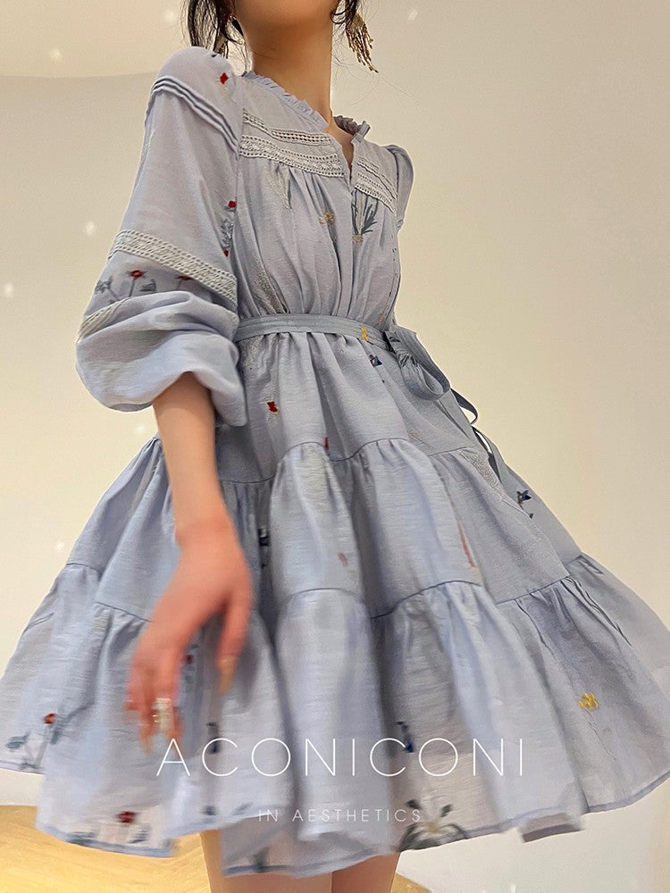 Aconiconi｜Blue Hibiscus  Embroidery Linen Dress