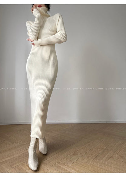 Aconiconi｜ Turtleneck and V-neck Knitted Long Slim Fit Dress