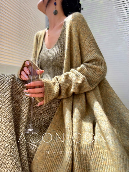 Aconiconi｜Late autumn evening wool knitted suspender dress & cardigan