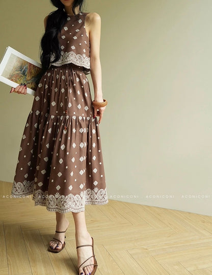 Aconiconi | Mocha Retro Embroidery Skirt Set