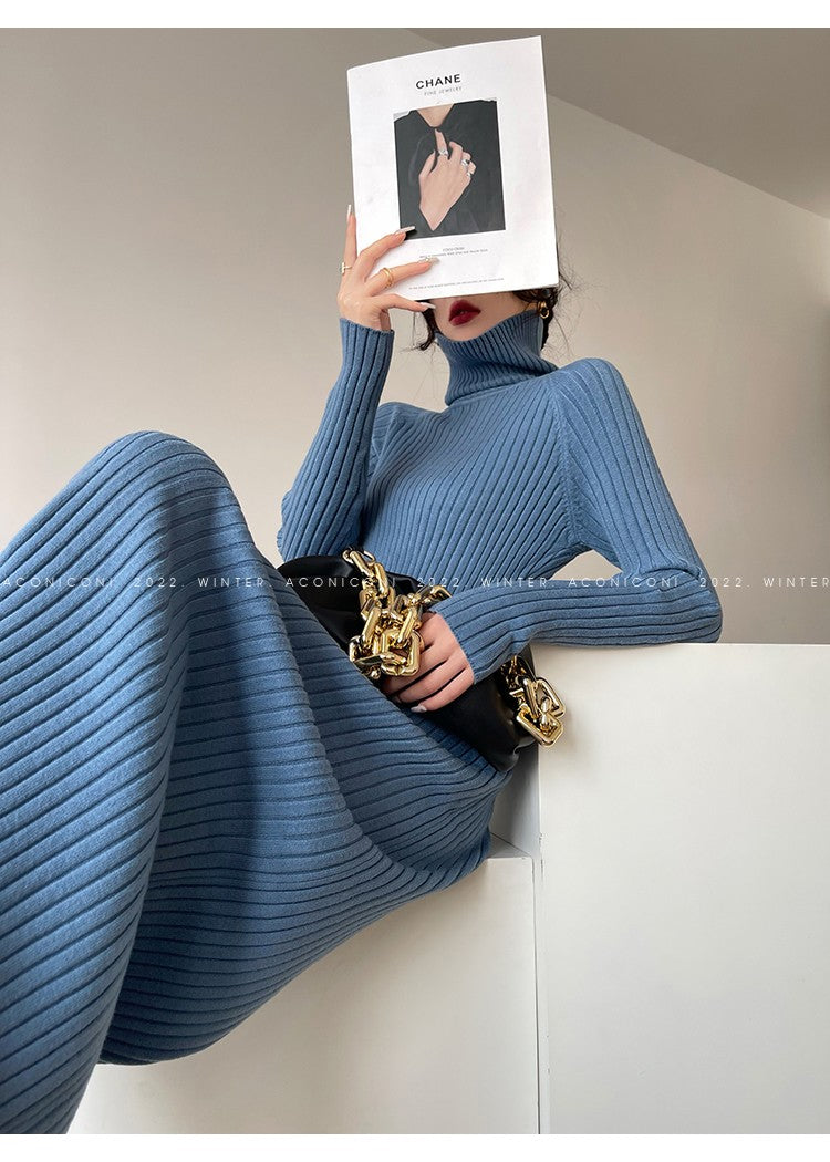 Aconiconi｜ Turtleneck and V-neck Knitted Long Slim Fit Dress
