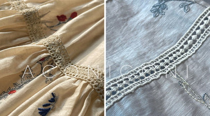 Aconiconi｜Blue Hibiscus  Embroidery Linen Dress