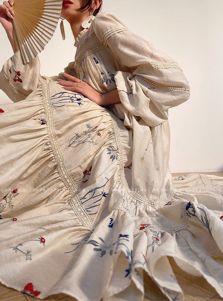 Aconiconi｜Blue Hibiscus  Embroidery Linen Dress