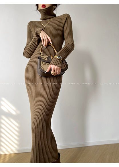 Aconiconi｜ Turtleneck and V-neck Knitted Long Slim Fit Dress