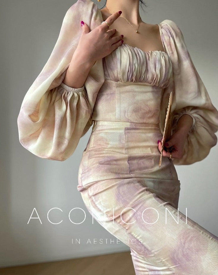 Aconiconi | Angelic Frost Flower Spring Square Neck Lantern Sleeve Set