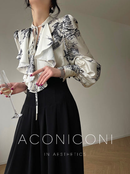 Aconiconi｜French Printing Imitation Retro Ruffle Shirt Top